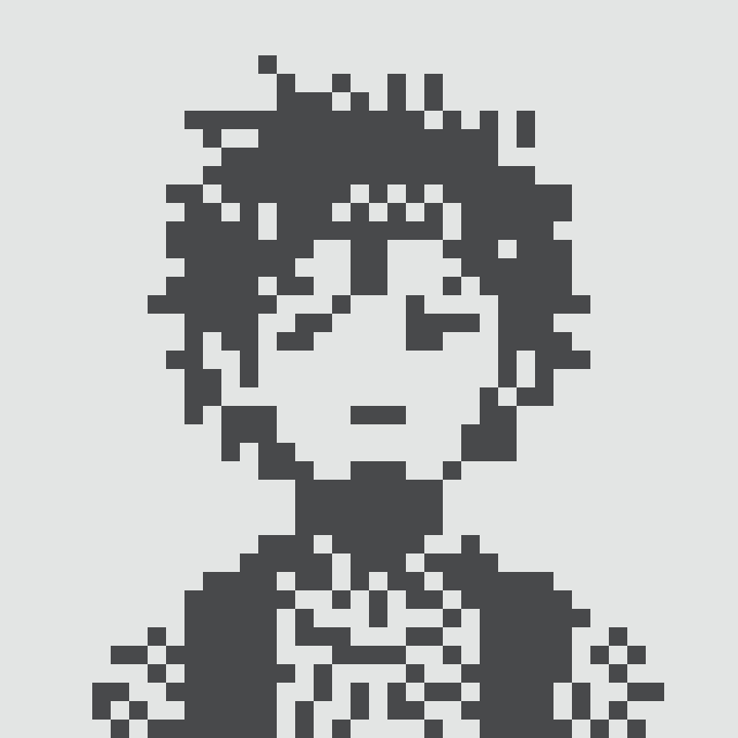 A black and white pixel art portrait of a person with an expressive face, rendered in a retro 8-bit style.