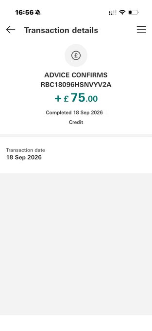 A banking transaction details screen showing a credit of +£75.00 from "ADVICE CONFIRMS" (reference RBC18096HSNVYV2A) completed on 18 Sep 2026.