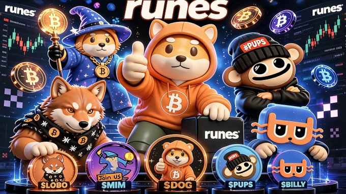 The image features a group of cartoon animals, including a brown fox, a white dog, and an orange kitty cat, standing together with their arms raised in victory or triumph. The animals are wearing costumes that include a wizard's hat for the fox, a black top hat for the dog, and a black beanie for the cat. In the background, there is a banner that reads "RUNES" and "RUNES fighting for all runes".