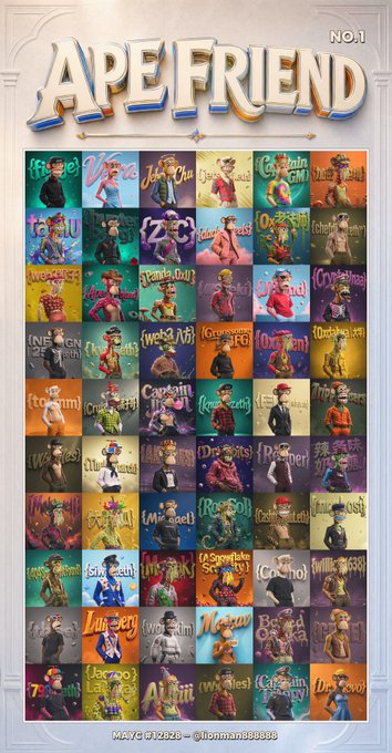 A "APE FRIEND NO.1" trading card-style poster displays a grid of 60 custom Bored Ape Yacht Club (BAYC) NFT character cards, each labeled with its unique name (such as "Vega," "Cash," "Rain," and "Wild Cat") and trait attributes like fur, hat, and clothing. The accompanying post celebrates the BAYC community, with the image showcasing the creator's "first drop" of 60 custom cards delivered to fellow Apes.