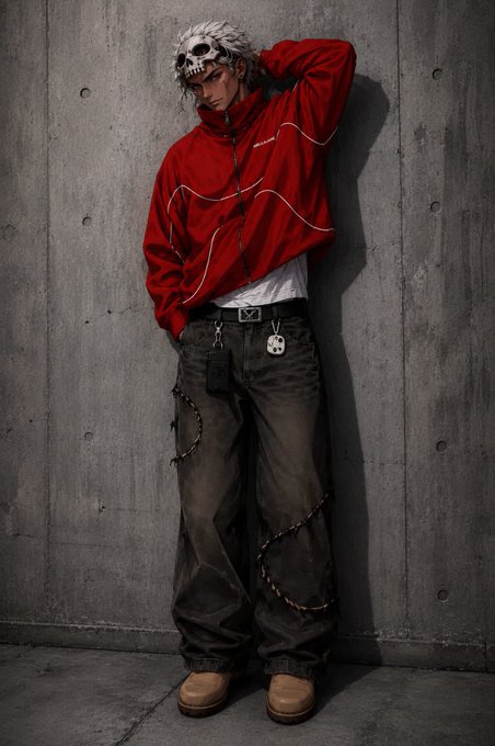 An anime-style illustration of a young man with white hair wearing a skull mask pushed up on his head, a red track jacket, baggy dark pants with chains, and a bear keychain, posed against a concrete wall.