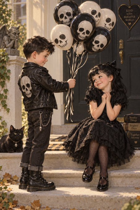 Two children in gothic black attire pose on stone steps with skull balloons, a black cat, and a gothic-themed setting featuring signs reading 'Spooky Things', 'Brighter Days', and 'Together Anyway'.