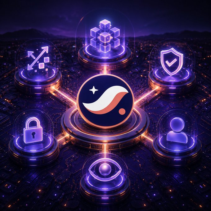 A futuristic digital illustration featuring a central orange and white swoosh logo surrounded by glowing purple nodes representing security, data, users, analytics, and connectivity, set against a nighttime cityscape.