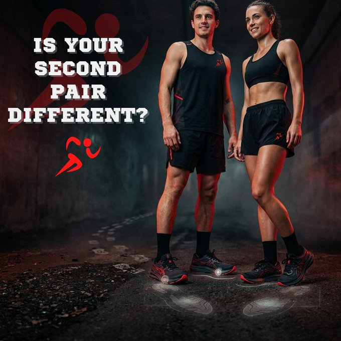 An advertisement features a man and woman in black athletic wear with the text 'IS YOUR SECOND PAIR DIFFERENT?' and a red logo.