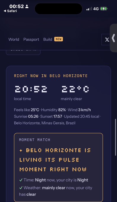 The image shows a mobile app displaying real-time data for Belo Horizonte, Brazil, with a local time of 20:52, temperature of 22°C, mainly clear weather, and a "Moment Match" feature highlighting that "Belo Horizonte is living its Pulse Moment right now" during night hours. This supports the accompanying post about @Pulse_cities' rare sky rewards, as the screenshot demonstrates the platform's moment-matching feature for cities like Belo Horizonte.