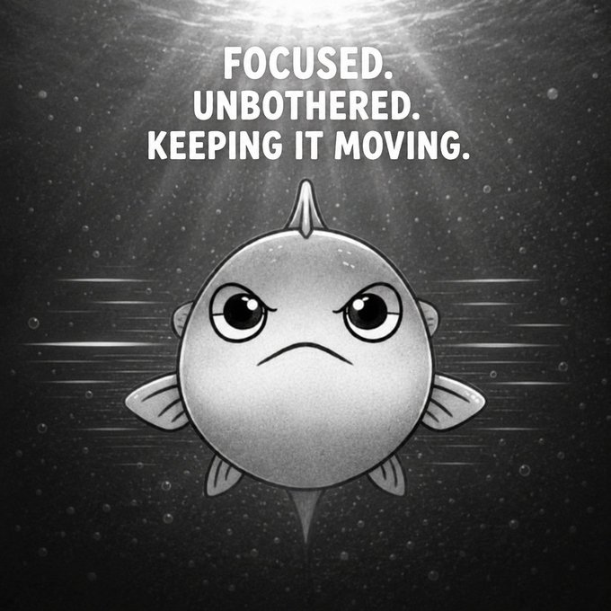 The image features an angry fish facing towards the right side of the frame with the text "Focus. Unbethoven. Keep moving." written above it. The background consists of a black and white color scheme, which contrasts with the fish's expression. The fish appears to be in distress or frustration, possibly due to its confinement within the box. The image also contains a caption that reads "@useTria is solving the first challenge with Season 3, turning exploration into a journey through 7 Mystery Boxes that reward users for showing up, participating, and staying engaged." This suggests that the fish might be facing challenges in an underwater environment or a virtual setting where it has to navigate through various boxes to reach its goal. The image seems to convey a message about perseverance and determination despite obstacles.