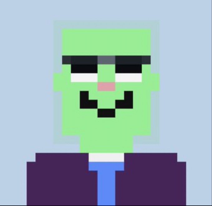 A pixel art portrait of a green-skinned character in a purple suit and blue tie with half-closed eyes on a light blue background.