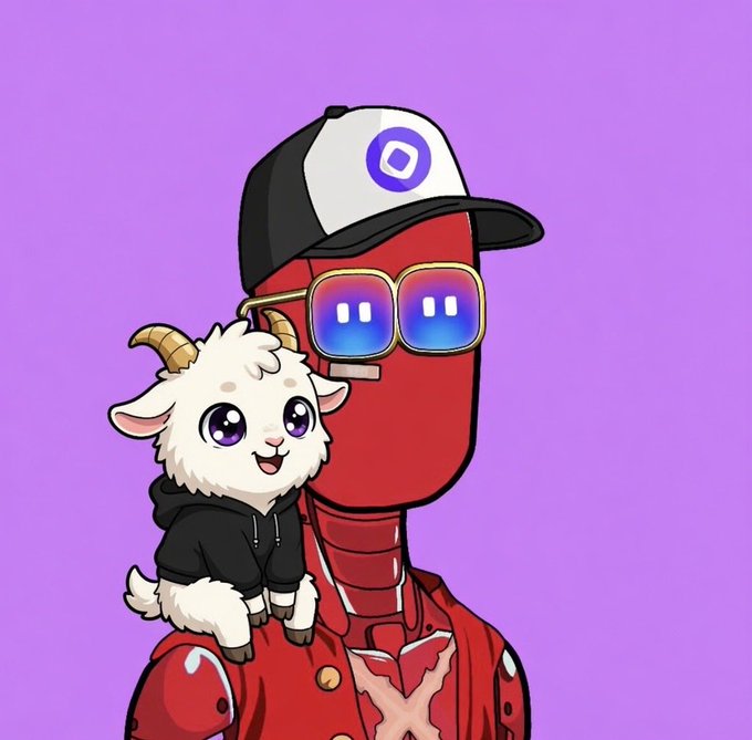 A cartoon red robot wearing a black-and-white cap and reflective sunglasses holds a small white goat in a black hoodie against a purple background. The "GM" theme and goat imagery pun on "GM," playfully referencing the "GMonad" celebration of those who say "good morning" in crypto communities.