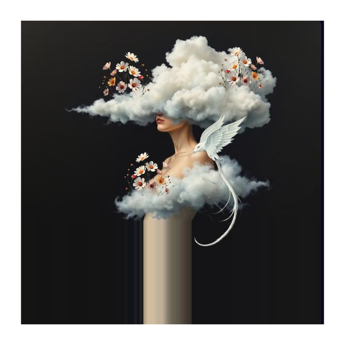 Surreal art featuring a woman's face emerging from a column of clouds, with flowers blooming from the clouds and a white bird in flight against a black background.