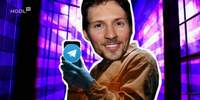 A man smiling and holding a smartphone displaying the Telegram logo, with 'HODL FM' text in the upper left corner against a purple-lit background.