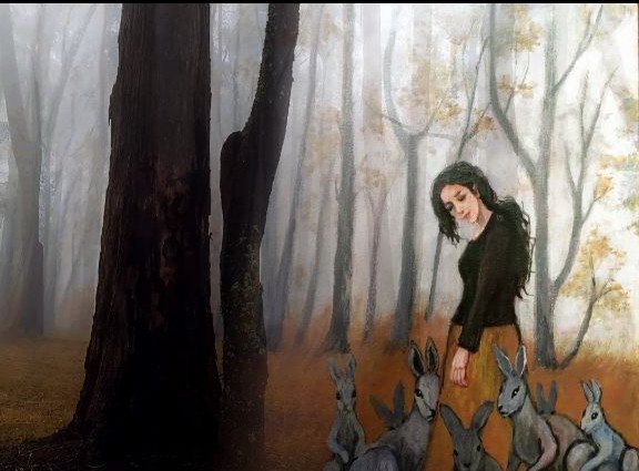 A misty, atmospheric painting shows a dark-haired woman in a black top and brown skirt standing in a foggy forest, surrounded by several gray rabbits.