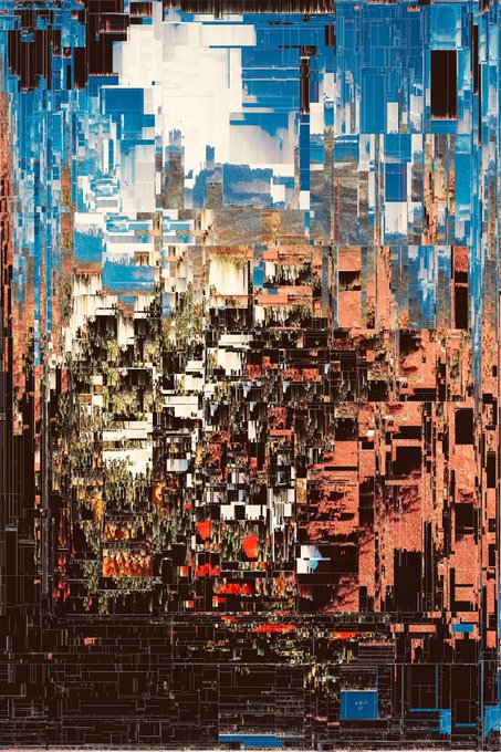 Heavily glitched/distorted digital image with pixelated blocks of blue sky, green vegetation, and red earthy tones resembling a corrupted landscape.
