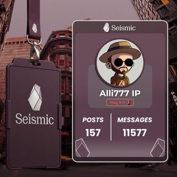 A Seismic Card is displayed featuring the profile of "Alli777 IP" (May & 31), showing 157 posts and 11,577 messages, as part of the expanding Seismic Card collection's Batch 5 highlighting community members.