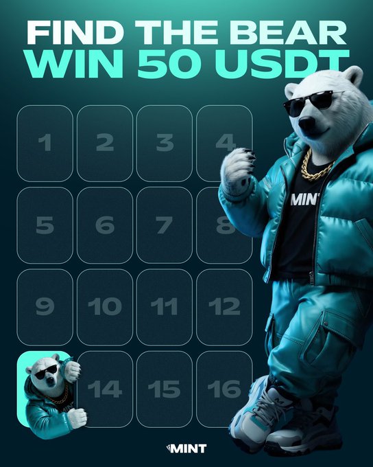 A promotional graphic reads 'FIND THE BEAR WIN 50 USDT' with a 4x4 grid of numbered squares, a character in sunglasses and a teal jacket on the right, and a small bear figure highlighted in square 13; the 'MINT' logo appears at the bottom.