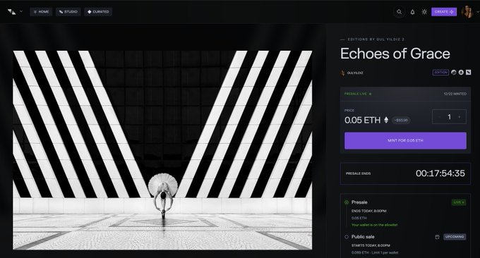 A screenshot of an NFT marketplace page showing a digital art piece titled 'Echoes of Grace' by Gul Yildiz, available for mint at 0.05 ETH with a presale countdown timer at 00:17:54:35.