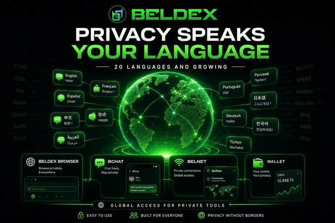 A promotional graphic for the Beldex privacy tools suite, highlighting 'PRIVACY SPEAKS YOUR LANGUAGE' with a globe showing 20 supported languages including English, Español, 中文, Русский, and Português.