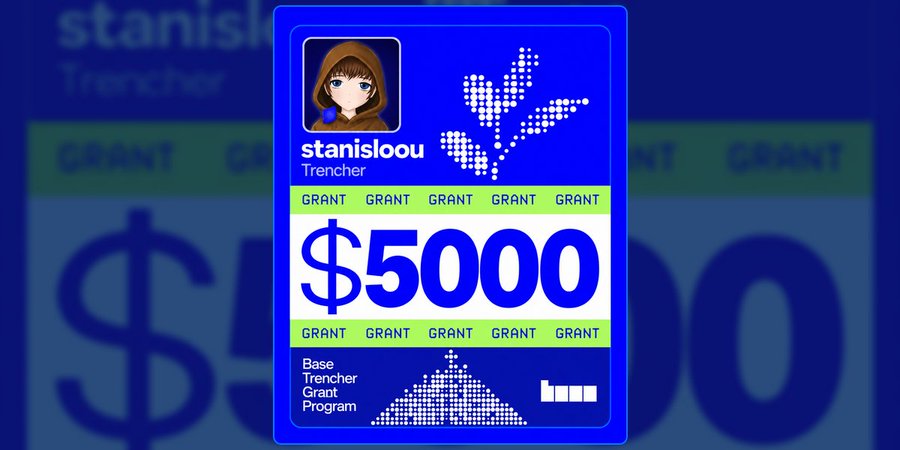 A bright blue digital card for “stanisloou” labeled “Trencher” displays a large “$5000,” repeated “GRANT” labels, a pixelated white emblem, and text including “Base,” “Trencher,” “Grant,” and “Program.”