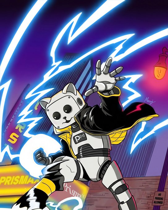 The image features a robot with a white head, black body, and yellow arms standing in front of a neon sign that says "gPrisma" or "New art 1/2". The robot appears to be in motion, as if dancing on its hind legs. The background is dark blue with lightning bolts, creating an intense atmosphere. The post about the robot's intelligence cycle suggests that it has the ability to learn and adapt from its environment, which could explain why it dances so energetically.