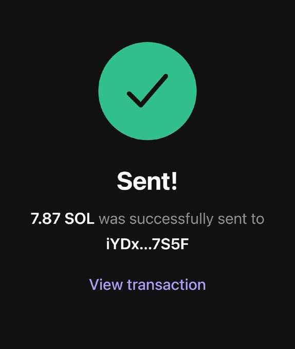 A successful cryptocurrency transfer confirmation showing "Sent! 7.87 SOL was successfully sent to iYDx...7S5F" with a green checkmark and a "View transaction" link, corresponding to the post about sending 7 SOL to a giveaway winner.