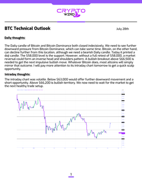A 'BTC Technical Outlook' report dated July 28th from CryptoNario, providing bullish and intraday thoughts on Bitcoin and Bitcoin Dominance with a chart showing market data.