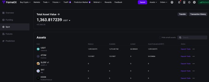 A FameEX cryptocurrency exchange dashboard displaying a Total Asset Value of 1,363.817239 USDT, with assets listed including USDT (1,339.263373), ATOM (15.81837), and others like CLE6 v1, SKY, and HOOK.