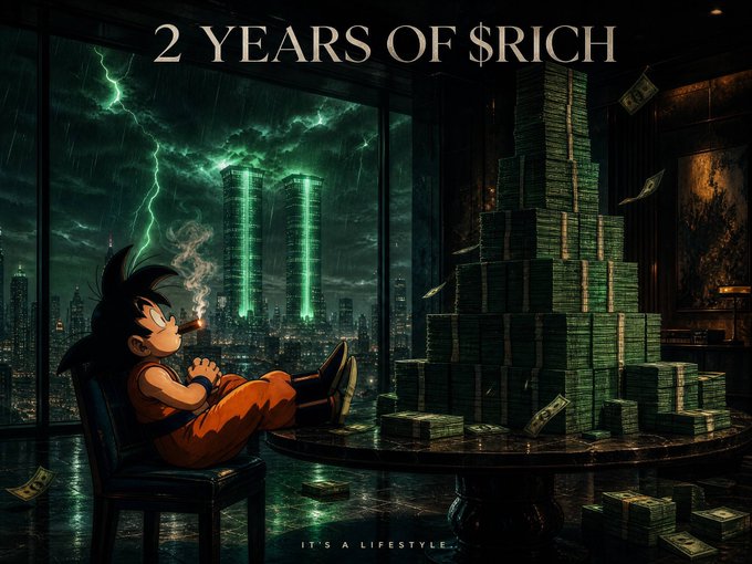 An anime-style illustration showing a character resembling young Goku lounging in a chair with feet on a table, smoking a cigar next to massive stacks of money, with the text "2 YEARS OF $RICH" at the top and "IT'S A LIFESTYLE" at the bottom, set against a stormy backdrop with lightning and a glowing city skyline.