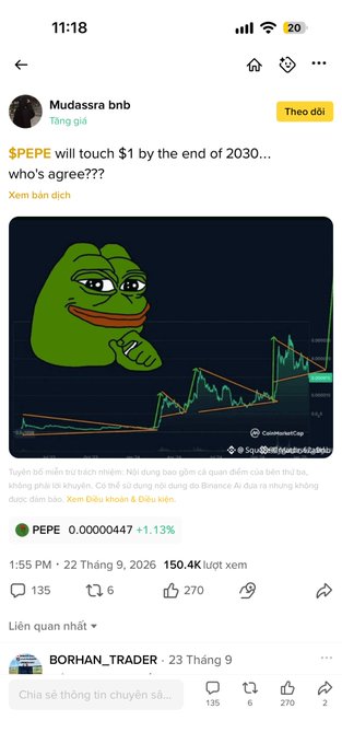 A tweet from user Mudassra bnb showing a Pepe the Frog meme over a price chart, with text '$PEPE will touch $1 by the end of 2030... who's agree???' and showing PEPE trading at 0.00000447 (+1.13%) on September 22, 2026.