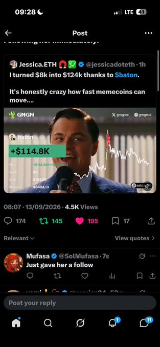 A screenshot of a social media post by Jessica.ETH (@jessicadoteth) celebrating turning $8k into $124k from the $baton memecoin, showing a green price chart.