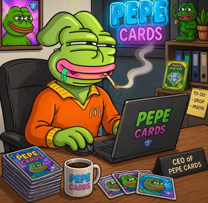 A cartoon illustration of a Pepe the Frog character wearing an orange McDonald's-style shirt, smoking a cigarette at a laptop displaying 'PEPE CARDS,' with merchandise including cards and a coffee mug, labeled 'CEO OF PEPE CARDS.'