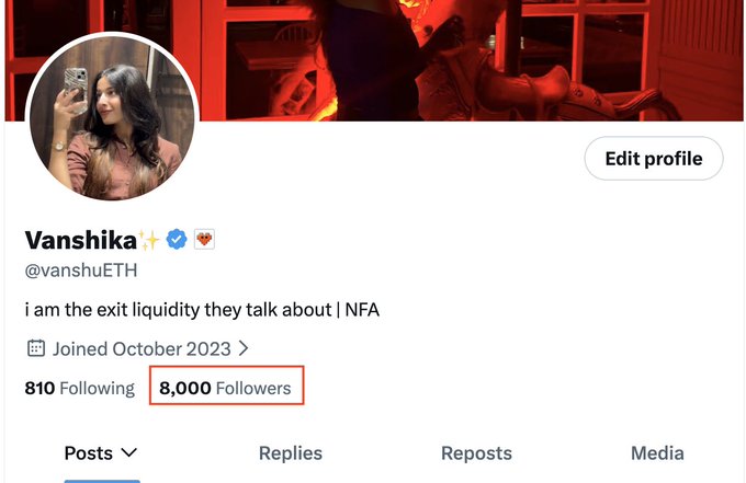 An X (formerly Twitter) profile page for 'Vanshika' (@vanshuETH) with 8,000 followers highlighted in red, displaying the bio 'i am the exit liquidity they talk about | NFA' and a header image with a horse statue in red lighting.