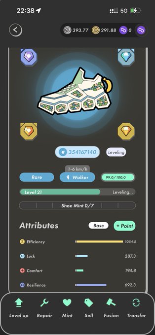A screenshot of a mobile game interface showing a level 21 "Walker" sneaker NFT with a mint progress of 1-6 km/h, level 21, and attributes including Efficiency 1054.5, Luck 287.3, Comfort 194.8, and Resilience 692.3.