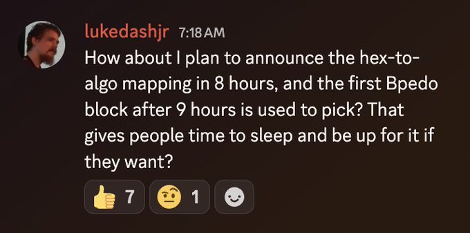 A Discord message from user 'lukedashjr' at 7:18 AM asking about announcing hex-to-algo mapping in 8 hours and using the first Bpedo block after 9 hours to pick.