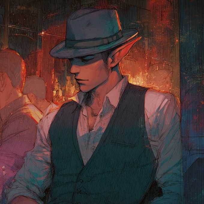 A stylized digital illustration of an elf-like character wearing a fedora and vest, set against a moody red and blue background.