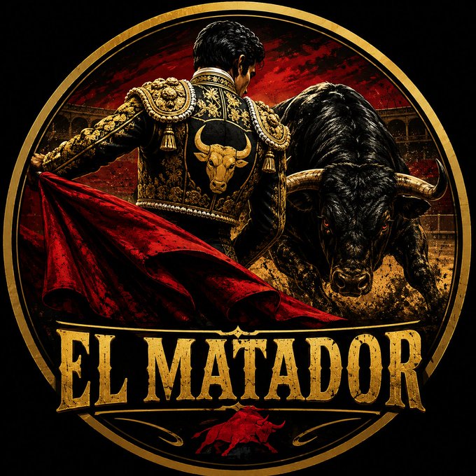 A circular gold emblem showing a matador from behind in a traditional suit with a bull emblem, facing a large black bull, with the text "EL MATADOR" displayed prominently below.