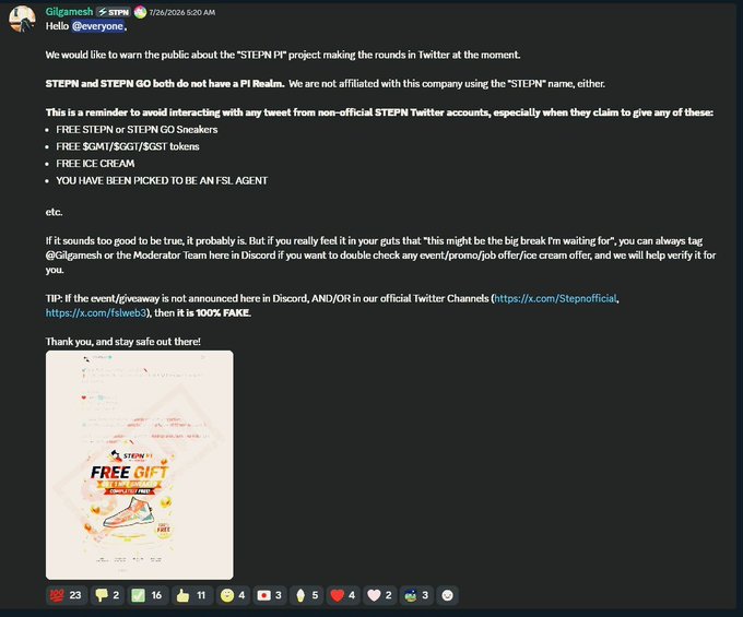 The image shows a public warning from STEPN about a fake project called "STEPN PI" circulating on Twitter. The attached image is a visual example of a scam promotion with "FREE GIFT" and "FREE ICE CREAM" that STEPN users should be wary of.