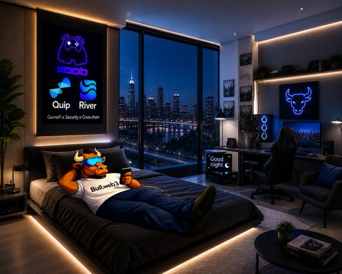 A bull character relaxing on a bed in a neon-lit modern room with a city skyline view, with logos for 'Quip' and 'River' displayed on the wall under 'GameFi x Security x Cross-chain'.