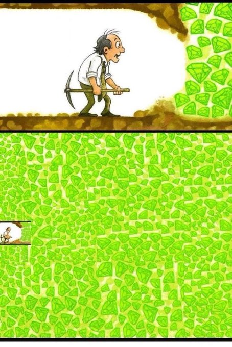 A cartoon miner with a pickaxe walks along a brown ledge above a massive field of green gems/crystals, with a small inset showing the miner at a lower level.