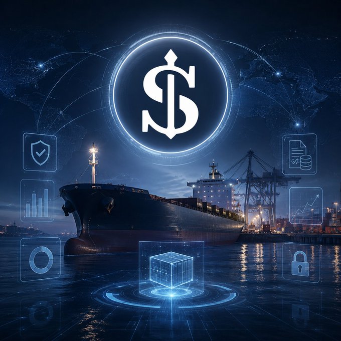 A digital illustration featuring a large dollar sign symbol within a glowing blue circle, with a cargo ship in a port at night and floating icons representing security, data, and finance.
