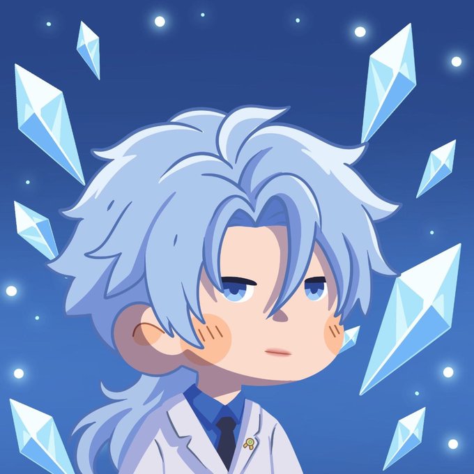 A cute chibi-style anime character with light blue hair, wearing a white lab coat, stands against a dark blue background surrounded by floating ice crystals and stars.

The image complements the "gm" (good morning) post by using the icy blue aesthetic and diamond/crystal motifs to visually convey themes of value, stability, and the "diamond hands" culture often associated with NFT communities, despite the author's mention of being busy IRL.