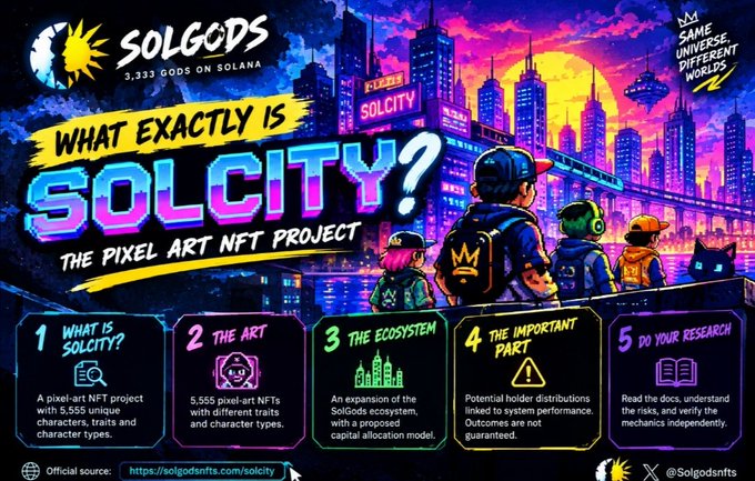 A promotional graphic for Solgods titled 'What Exactly Is Solcity?' describing it as a pixel-art NFT project with 5,555 unique characters on Solana, featuring sections on the art, ecosystem, and research advice.