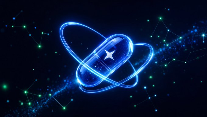 A blue glowing capsule with a white star is encircled by glowing orbits against a starry, space-themed background.