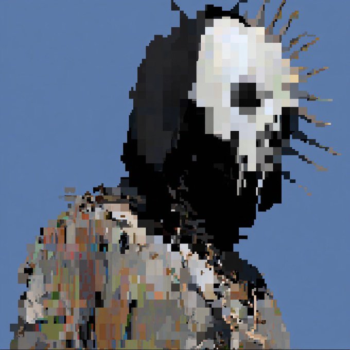 The image shows a pixelated/glitch-style portrait of a person wearing a distinctive white mask with radiating spikes, set against a blue sky. The "Legendary move" caption relates to the mask's striking, heroic appearance, evoking a legendary or mythical figure behind the @AdamWeitsman NFT persona.
