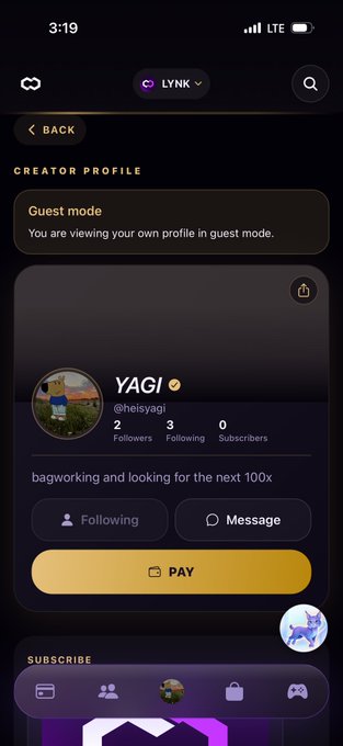A screenshot of the Lynk app displaying the user "YAGI" (@heisyagi) creator profile in guest mode preview, showing 2 followers, 3 following, 0 subscribers, with the bio "bagworking and looking for the next 100x." The image illustrates the post's point about previewing one's own profile as a guest, with a "Guest mode" banner at the top confirming "You are viewing your own profile in guest mode."