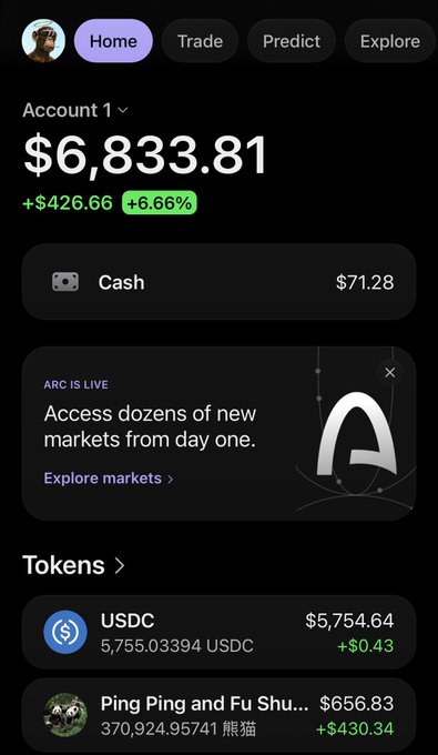 A mobile app portfolio screen displays a $6,833.81 account balance (up +$426.66 or +6.66%), with holdings including $5,754.64 in USDC and ¥56.83 in "Ping Ping and Fu Shu..." (熊猫) tokens showing a gain of +$430.34, illustrating the user's update about profiting from small meme coin trades.