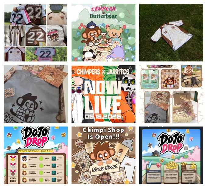A collage of promotional images for a brand called 'CHIMPERS,' featuring sports jerseys with the number 22, monkey-themed merchandise, and 'Chimpers x Jarritos NOW LIVE 05.16.2025' branding alongside 'DOJO DROP' leaderboard prizes.