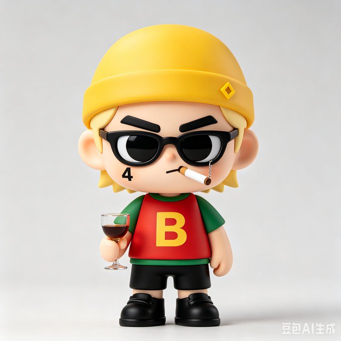 The image features a small figurine of a boy wearing glasses, sunglasses, and a hat with a yellow band. The figurine also has a cigarette in its hand and a glass of wine. The background of the image is white, which makes the colors of the figurine stand out even more. There are no other objects or texts present in the image.
