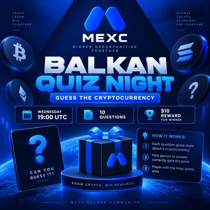 A promotional poster for MEXC's 'Balkan Quiz Night' cryptocurrency guessing game on Wednesday at 19:00 UTC, featuring 10 questions and a $10 reward for the winner.