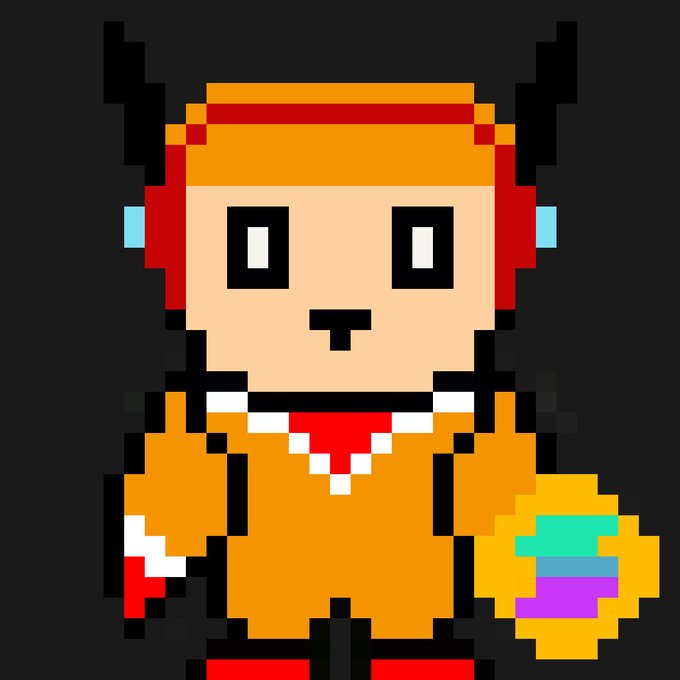 A pixel art character with black horns, orange clothing, and a red headband holding a yellow sphere with colorful markings, set against a black background.