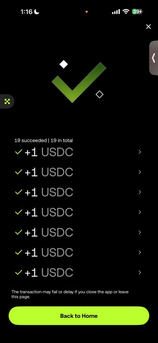 A mobile screenshot shows a transaction confirmation page with a large green checkmark, displaying "19 succeeded | 19 total" followed by a list of "+1 USDC" transfers, illustrating the multiple USDC (stablecoin) payments sent out by the user as referenced in their post about distributing subscriptions.