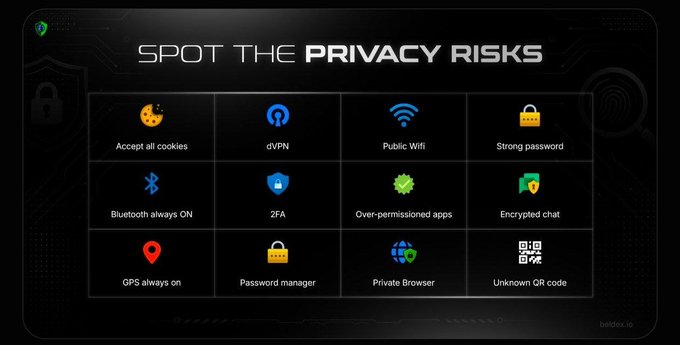 An infographic titled 'SPOT THE PRIVACY RISKS' lists twelve items with icons including 'Accept all cookies', 'dVPN', 'Public Wifi', 'Strong password', 'Bluetooth always ON', '2FA', 'Over-permissioned apps', 'Encrypted chat', 'GPS always on', 'Password manager', 'Private Browser', and 'Unknown QR code'.